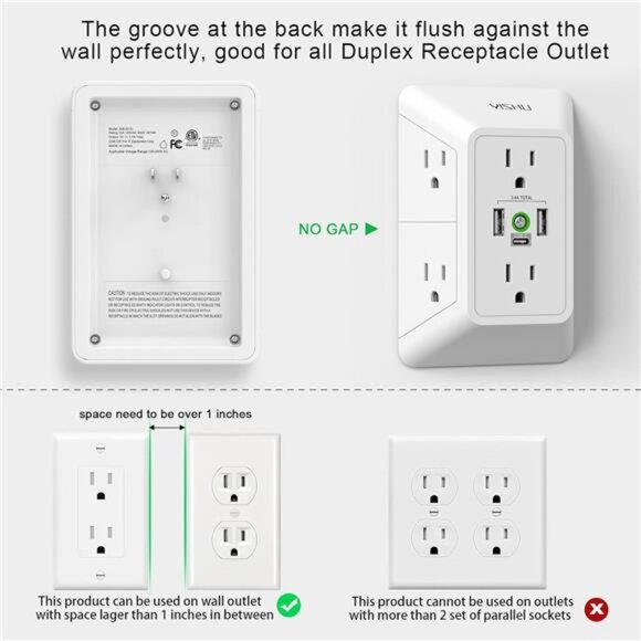 Multi Plug Outlet Surge Protector - YISHU 3 Sided Power Strip with 6 AC Outlet - Picture 6 of 8